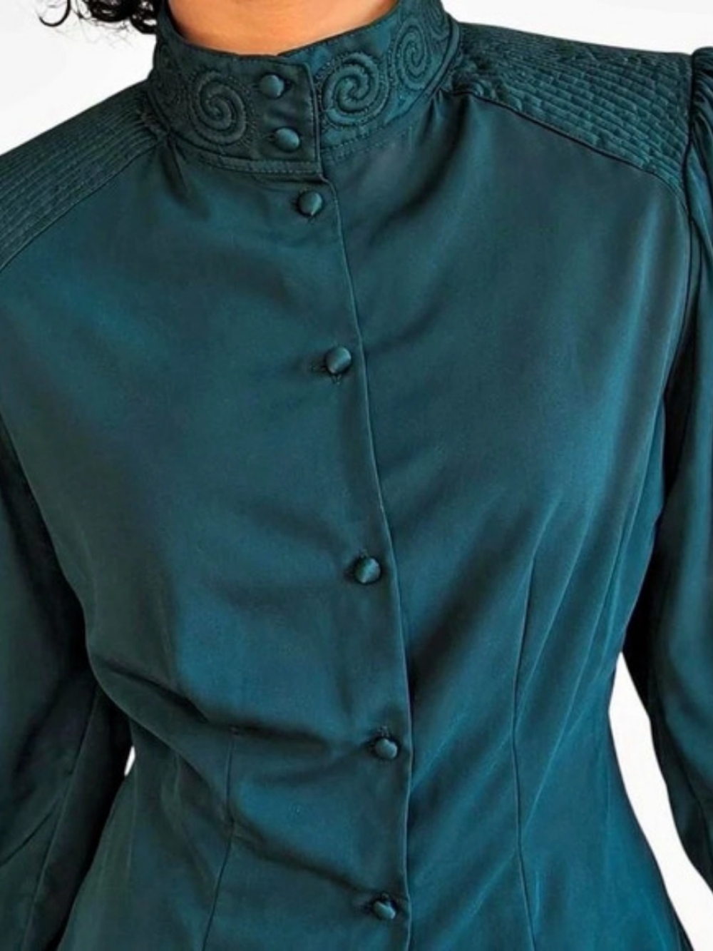 Vintage Jac Dale Teal Satin High-Neck Blouse – Size 8 (small)